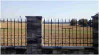 pohled do pole skrz černý kovaný plot s písmenem "T"